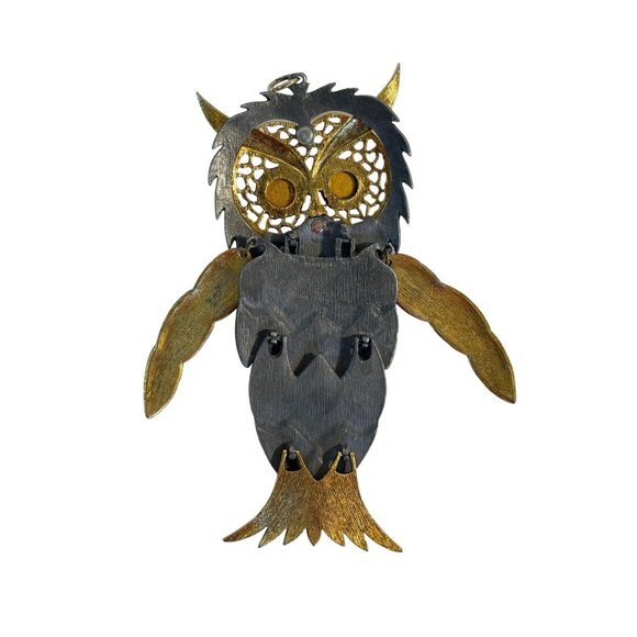 Vintage Owl Pendant Articulated Gold Silver Tone Amber Eyes Retro - Picture 8 of 9